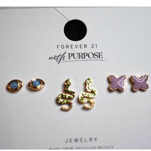 NWT Forever 21 3pr.Blue Evil Eye/ Green Snake/Lt. Purple Butterfly Stud Earrings